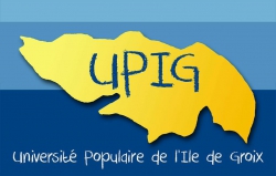 Sur le bleu de la mer l'ile de Groix occupe tout le centre en jaune, UPIG y figure au milieu